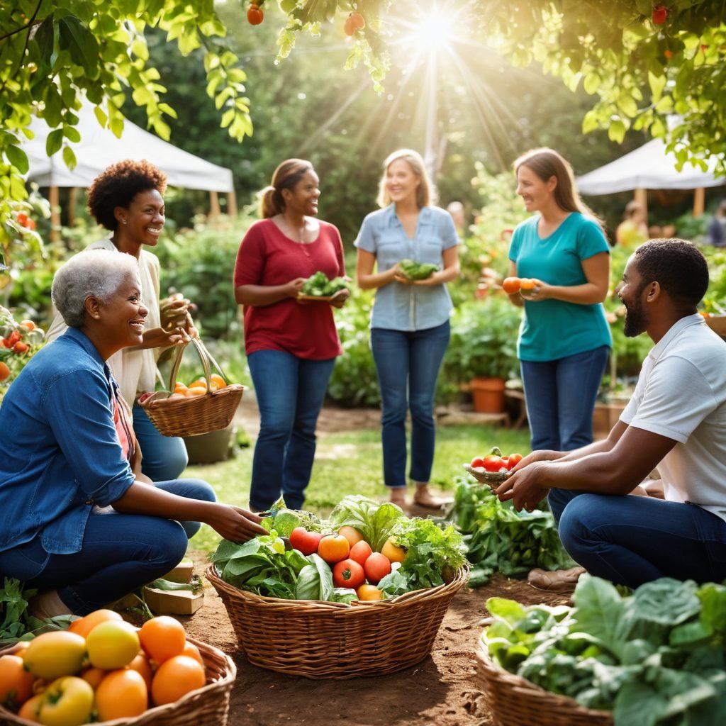 A heartwarming scene depicting a diverse group of people in a community garden, working together to grow vegetables and fruits. In the background, a supportive circle of friends is engaged in a compassionate discussion, sharing stories and encouragement. Bright sunlight filters through the leaves, creating a vibrant atmosphere that symbolizes hope and resilience. Include elements of nutritional support like a basket of freshly harvested produce. super-realistic. vibrant colors. outdoor setting.