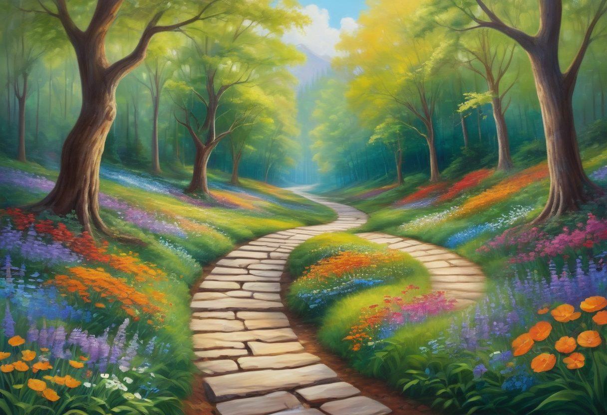 A serene landscape representing holistic healing, featuring a winding path through a lush forest with symbols of health like a stethoscope intertwined with flowers. Include diverse individuals walking together, sharing supportive expressions, embodying community and empowerment. Soft sunlight filtering through trees, creating a calming atmosphere. water flowing gently in the background. vibrant colors. painting.